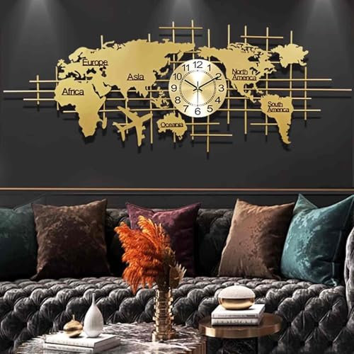 JXCCA Wall Clocks Battery Operated, Clocks for Living Room, World Map Clock Wall Clock Modern Atmospheric Clock, Silent Movement, Metal, Three-dimensional Design, Easy Installation, Diy