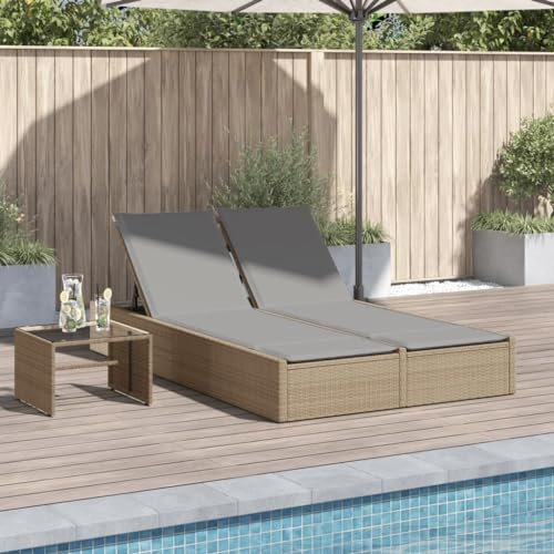 ShGaxin Doppel-Sonnenliege mit Auflagen Beige Poly Rattan, Gartenliege, Liegestuhl, Sonnenstuhl, Sonneninsel Outdoor, Liegen, Gartenmöbel, Bäderliege, Relaxliege - 368631