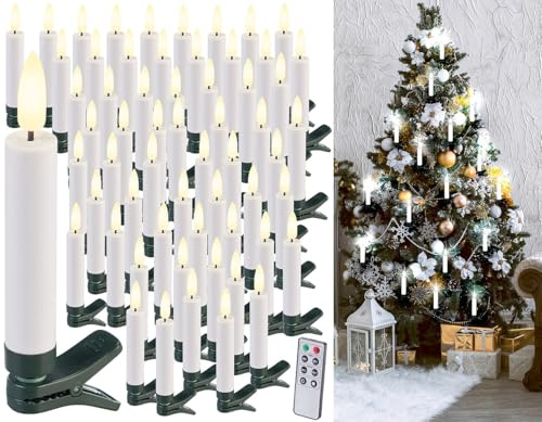 Lunartec LED Stabkerzen: 60er-Set LED-Weihnachtsbaumkerzen mit täuschend echter Flamme, weiß (Kerzen Weihnachtsbaum, Kabellose Weihnachtsbaumkerzen, Baum)