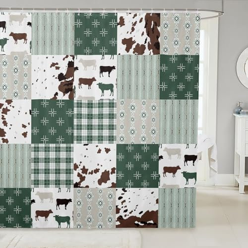 Homemissing Cortina de ducha con estampado de vaca para niños y niñas, diseño de vaca lechera, 150 x 180 cm, decoración de piel de vaca, color verde y blanco, accesorios de baño para niños, animales