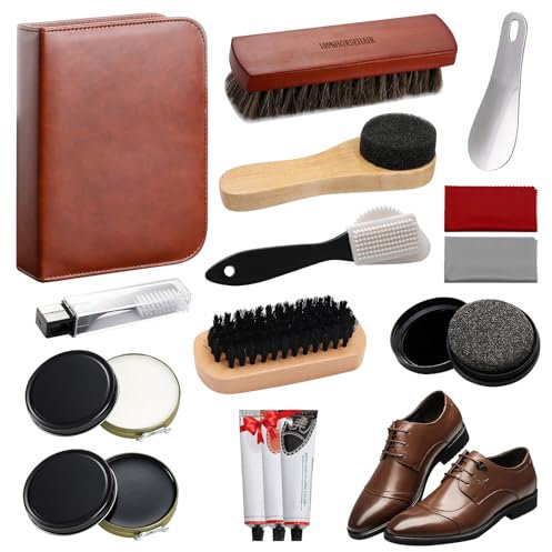 BORDEAG 11-Teiliges Schuhputz-Set, Schuhcreme & Pflegeset, Schuhpflege-Set, Schuhbürsten Zum Polieren, Kompaktes Schuhputzset