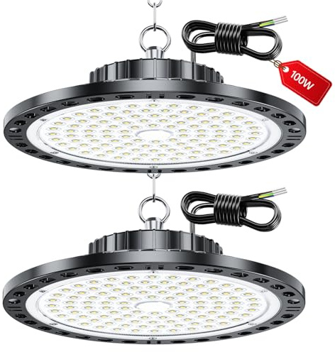 LAMLAMCK LED Hallenstrahler - 2 Stück 100W 10000 LM UFO Hallenbeleuchtung LED mit Transformator, IP65 Wasserdicht Werkstatt Deckenleucht, 6500k UFO Industrielampe für Garage Fabriken Geschäft