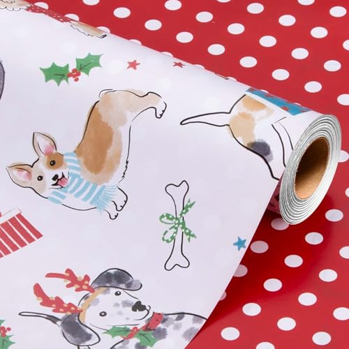 Wikadlik Weihnachts-Geschenkpapierrolle – 43 cm x 10 m – niedliche weiße Hundeknochen Schleife Punkte Design Urlaub Geschenk Geschenkpapier für Winter Festliche Party Feiern