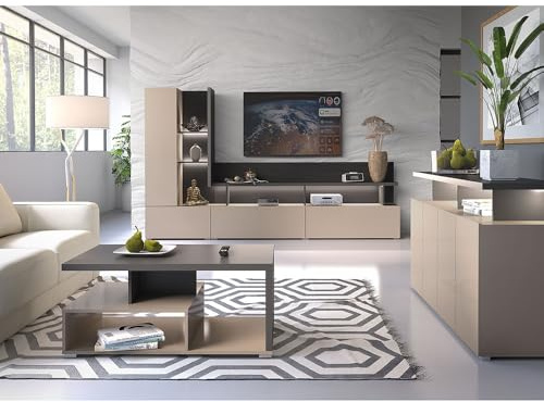 Lomadox Wohnzimmer Set grifflos in beige mit anthrazit mit LED Beleuchtung Couchtisch Sideboard Wohnwand