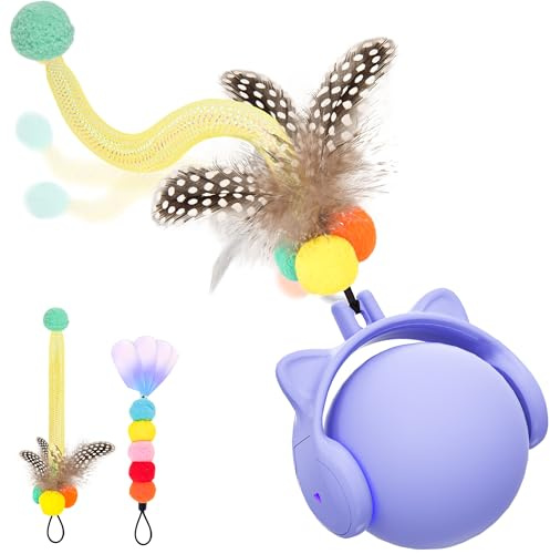 GoldenSun Juguete para Gatos, Bola Rodante Automática con Cola de Plumas para Gatos de Interior, Activada por Movimiento con Salto y Sonido de Pájaro, 3 Modos de Luz LED, Recargable por USB, Púrpura