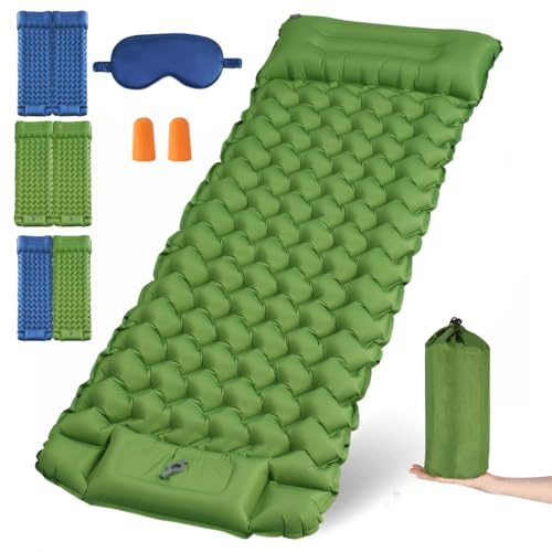 COYBTO Sleeping Pad - Self Inflating Camping Mat, Olive Green, Small Single, Waterproof, Durable, Quiet, Comfortable, Built-In Pillow, Foot Pump, Ultralight Inflatable Sleeping Mat for Hiking