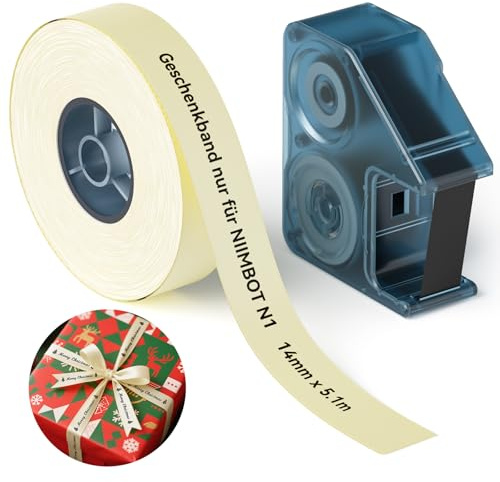NIIMBOT N1 Satinband Set, Geschenkband nur für N1 Etikettendrucker, Satinband Bänder für Geschenke, Hochzeiten, Partys, Bastelverpackungen, DIY, Beige Band (14 mm x 5,1 m) mit Schwarzem Carbon