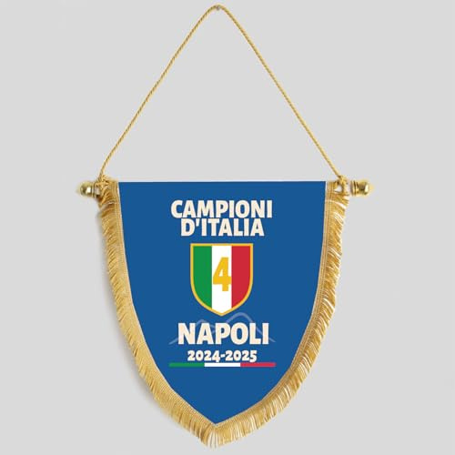 D&Vlab Gagliardetto Celebrativo Napoli 4° Scudetto 2025 Campione D'Italia, Bandiera in tessuto con Frangia Oro 22x25 cm Partenopei per Tifosi Ultras Calcio Sport Napoletani Supporters Calcio
