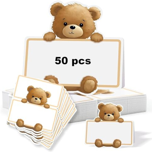 DLPRK 50 Stück Tischkarten Babyparty - Platzkarten mit niedlichem Babybär Motiv - Namenskarten zum Beschriften - Tischdekoration für Babyparty, Taufe, Babyshowerparty & Kindergeburtstag