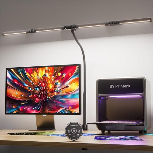 EYOCEAN Schreibtischlampe, Schreibtischlampe mit 4 Lichtquellen, 24W 100cm Tageslichtlampe Schreibtisch mit Fernbedienung, Dimmbare Monitor Lampe, Schwanenhals Büro Tischlampe, Augenschutz PC Lampe