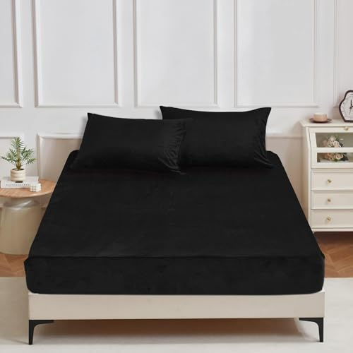 YASMENG Sábana bajera ajustable de felpa de invierno, 140 x 200 cm, color negro, cálida, de forro polar, 140 x 200 cm, suave y acogedora, de terciopelo, adecuada para colchón de 30 cm
