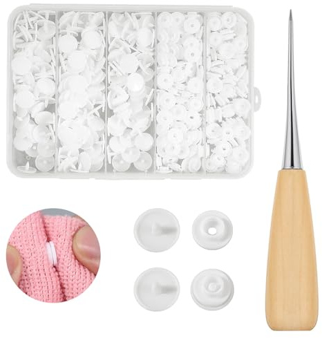 120 PCS T5 Plastic Snaps Buttons, White Round T5 Plastic Snap Fasteners with Hook Awl, No-Sew Buttons Fabric Snaps for Clothing, Diapers, Bibs, Handmade Crafts