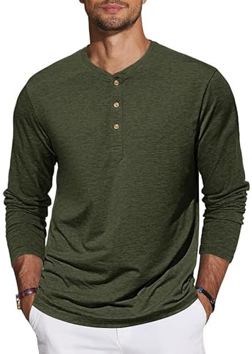 TARAINYA Henley - Maglietta da uomo in cotone, a maniche lunghe, con 3 bottoni, M-4XL, C verde militare., 4XL