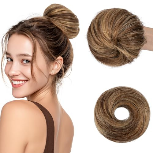 SEGOHAIR 30g Haarteile Echthaar Mit Gummiband Unordentlicher Dutt für Frauen|Glatt Elastischer Haardutt Scrunchies|Volles Unordentliches Dutt-Chignon|Mittelbraun mit dunkelblonden Akzenten