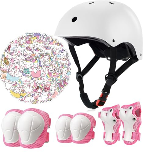 Kids Bike Helmet Set,CPSC Certified with Knee Elbow Wrist Pads Guards,Toddler Adjustable Black Helmet for Ages 2-3-5-8 Girls Child,Sports Protective Gear Set for Bicycle Skate Scooter White
