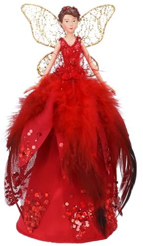 Gisela Graham Red Fairy Christmas Tree Topper, Feather Skirt, 18cm