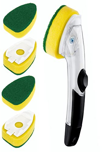 HELIME Heavy Duty Dishwand with Refills, Dish Wand Replacement Sponge Heads with Handle, Soap Control Dispenser Leak-Free Scrub, Non-Scratch Advanced Scrubber Brush Pads for Cleaning Dishes