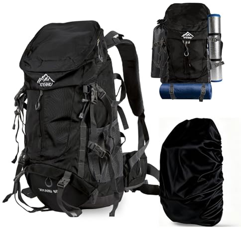 Wanderrucksack 60L Herren Damen Wasserdicht mit Regenhülle - Leichter Trekkingrucksack mit Tragesystem, Trinksystem-Anschluss Schuhfach für Camping, Bergsteigen Mehrtagestouren (Schwarz, 60L)