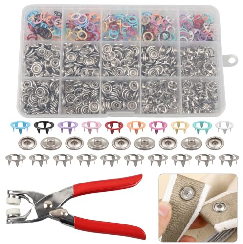200 Sets Poppers Fasteners Kit, 9.5mm Snaps Buttons with Metal Fastener Pliers, Metal Snap Fasteners Press Studs No Sewing, Snap Button Fastener Kit Rust Proof for Fabric Clothing,Bags,DIY Crafts