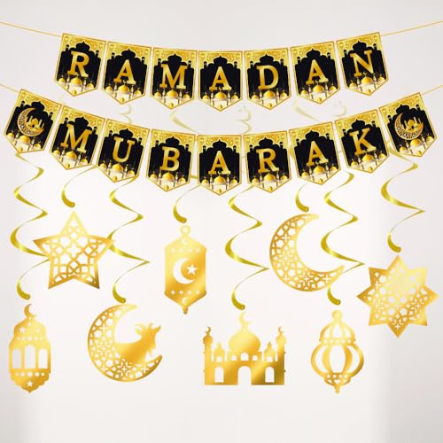 Ramadan Mubarak Dekoration, komplettes Set mit Bannern und Girlanden in Form von Mond und Sternen, 8-teilig, für Innen- und Außenbereich, Ramadan und Eid, Ramadan