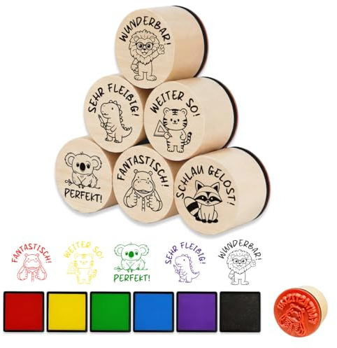 6 Stück Holz Stempel Lehrer, Motivations stempel,Tiere Motivstempel Set,Tiere Holzstempel Geschenk für Lehrertag Motivation,Schule Kinder Rund Holzstempel