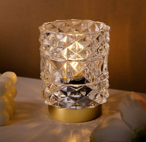 MJ PREMIER Lámpara de mesa sin cable con temporizador Lámpara de mesa con pantalla de cristal en forma de diamante Luz nocturna de cristal decorativa sin cable para dormitorio, sala de estar, pasillo