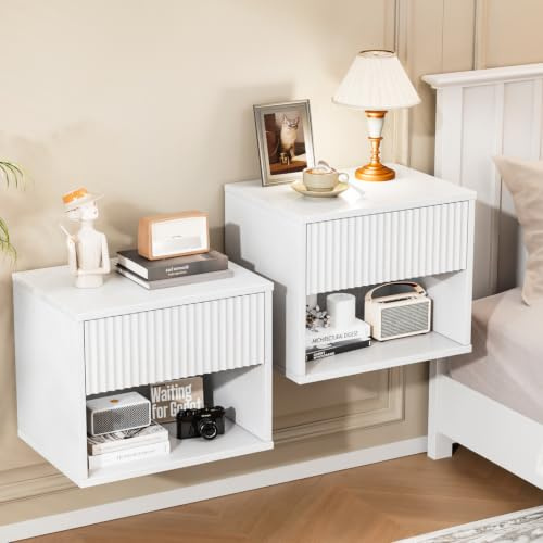 Bonnlo White Floating Bedside Table Set of 2, Wall Mounted Nightstand with 1 Drawer, Grille Floating Side Table with Open Shelf, 40×30×33cm for Bedroom