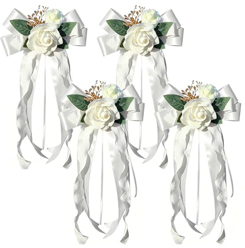 Hoypeyfiy 4 Stück Dekorationen für weiße Hochzeitsautos mit Saugnäpfen, Künstliche Blumen für Hochzeiten, Ideal für den Rückspiegel im Auto
