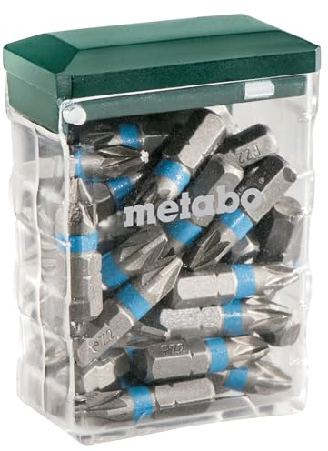 metabo Bit-Box PZ 2, 25-teilig, S2-Stahl Bits für Schraubarbeiten, 25 mm | Robuste Box mit 25x PZ 2 Bits aus S2-Chrom-Vanadium-Stahl, farbcodiert, inkl. Euroloch-Aufhänger für schnelle Organisation