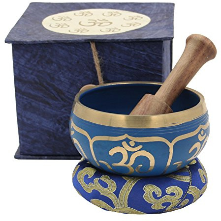 DharmaObjects® Tibetan Blue Yoga Meditation OM Singing Bowl Mallet Cushion Box Gift Set (Navy Blue)