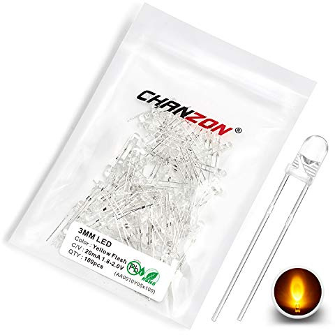 Chanzon 100 pcs 3mm Blinking Yellow LED Diode Lights 1.5Hz Flashing (Clear Round Transparent DC 2V 20mA) Bright Lighting Bulb Lamps Electronics Components Indicator Light Emitting Diodes