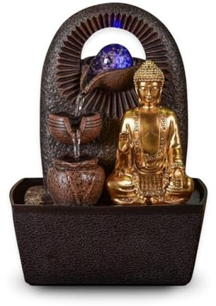 Zen'Light - Zimmerbrunnen Buddha Bhava - Zen-Dekor, Ideal für Meditation & Entspannung - Tischbrunnen mit geschlossenem Kreislauf - Farbwechselnde LED-Beleuchtung, Wasser fließt auf 3 Ebenen - H26cm