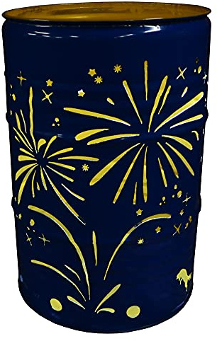 Fuchsbau Feuertonnen Feuertonne mit Feuerwerk Motiv - Gefertigt aus 200L Ölfass - Besondere Feuerstelle für Garten und Terrasse - Hohe Feuerschale mit Rostoptik - 90 x 60 cm