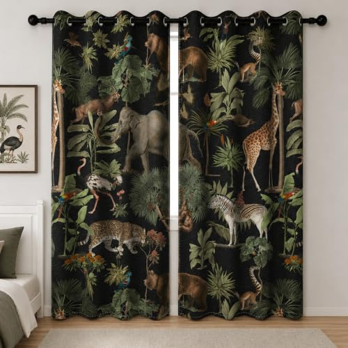 YONGFOTO Cortinas Safari Jungla Animales Salvajes Tropicales Elefante Jirafa Zoo Cortinas Opacas con Ojales para Habitación Infantil Dormitorio 2 Paneles 117 x 229 cm