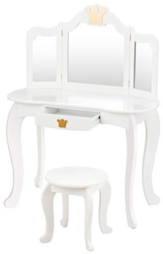 RELAX4LIFE Tavolo Toeletta Trucco per Bambini, Set Mobile 2 in 1 Scrivania con Cassetto e Sgabello, Specchio a 3 Lati Smontabile, Sicurezza Anti Ribaltamento, 79,7 x 42,2 x 106,2 cm (Bianco)