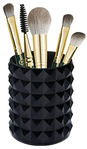 Funtygy Acrylic Makeup Brush Holder Organizer, Black Pencil Pen Holder, Crystal Cosmetics Brushes Cup Storage Solution, Round