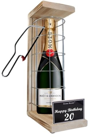 Moet Geschenkverpackung Geschenkset 20 Geburtstag Mann und Frau - Moet Eiserne Reserve Gitterkäfig incl. Notsäge Text s/w 20 Happy Birthday Champagner (1 x 0.75 l)