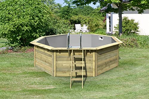 CHILLROI® Achteckiger Holzpool, 427,5 x 427,5 x 124 cm, Modell 1 X Folie grau Inkl. Zubehör und Pool Leitern