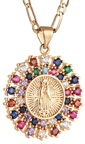HZMAN 14K Gold plattiert Oval Cutout Herz Jungfrau Maria Gebet Halskette Amulett Unsere Liebe Frau von Guadalupe Anhänger Multicolor Cubic Zirconia Frauen Tochter Geschenk