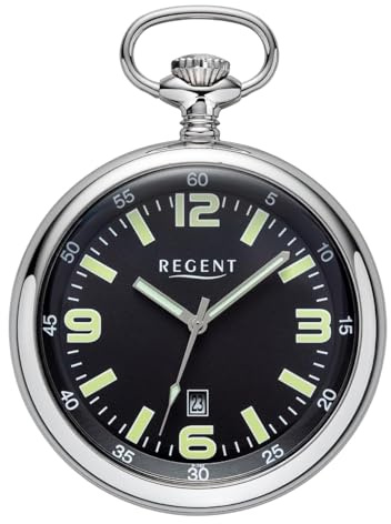 Regent Orologio da tasca da uomo in acciaio inox 50 MM quarzo quadrante nero numeri arabi data P-742