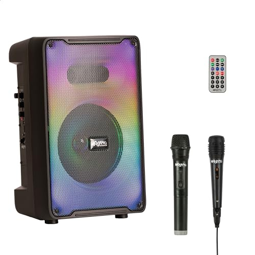 MS-KARA-MOOV500 - MOOVING Sound - Batteriebetriebener 8”/500W-Lautsprecher mit Lichteffekt an der Vorderseite, 1 drahtloses und 1 verkabeltes Mikrofon - Bluetooth/USB/AUX/MicroSD und TWS - Schwarz.