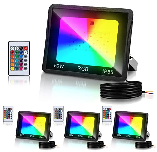 Cecaylie Projecteur RGB Extérieur 50W, 4 Pack Avec Fonction Mémoire & Télécommande, Spot LED 16 Couleurs 4 Modes, Etanche IP66 Pour Jardins, Terrasse