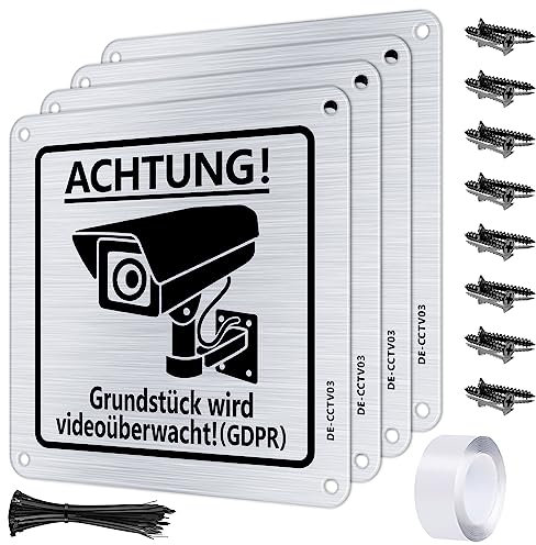 Kamera überwachung Schild, Schild Kameraüberwachung, 4 Schilder Videoüberwachung, 16 Stück Krawatten, 16 Stück Heftklammern und 1 Doppelseitiger Klebstoff Attention Video Surveillance Sign Set