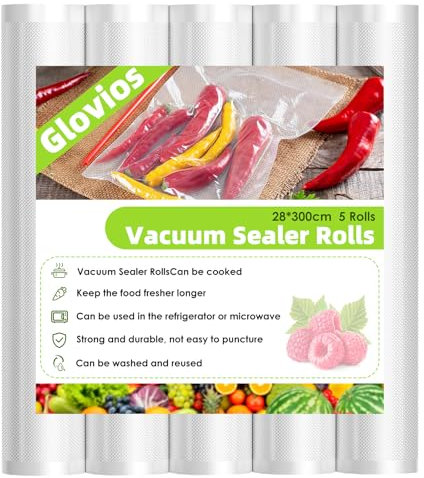 Glovios Sac Sous Vide Alimentaire, 5 Rouleaux 28cm x 300cm Film Sous Vide de Sacs de Qualité Commerciale, Sacs de Mise Sous Vide pour le Stockage, la Préparation des Repas ou le Sous-vide