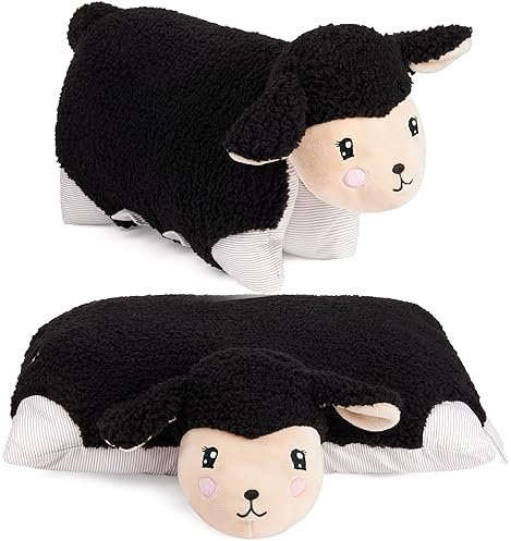 BRUBAKER Kuscheltier-Kissen Schaf - 2 in 1 Stofftier und Kuschelkissen - 40 x 30 cm Dekokissen - aufklappbares Kinder Plüschkissen mit Klettverschluss - Tierkissen Schafkissen - Schwarz