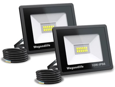 Wegoodlife 2 Pièces 10W Projecteur LED Extérieur, Super Lumineux 730LM Spot LED Extérieur, 6500K Blanc Froid Éclairage Mural, IP66 Étanche, pour Jardin, Patio, Cour, Entrée, Garage et Sécurité
