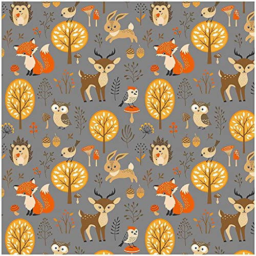 VmG-Store 1m Baumwollstoff zum Nähen 100% Baumwolle Nähstoff KEINE Meterware Kinderstoff (Tiere im Wald Grau Bc017)