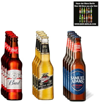 Bud Bier, Miller Genuine Draft & Samuel Adams Boston Lager- Amerika Mix - USA 12 x 330ml - Inkl. Haus der Biere Berlin Bierdeckel