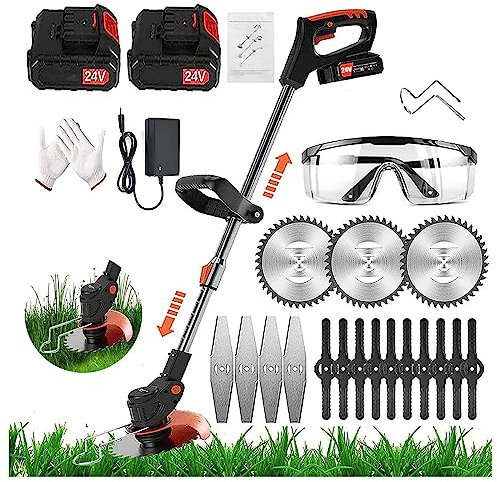 Debroussailleuse Electrique Coupe-Bordures Professionnel éLectriques sans Fil avec 2pcs 24V Lithium Batterie Puissante 3 Pcs Lames MéTalliques avec Poignée Télescopique pour Parcs,Fermes