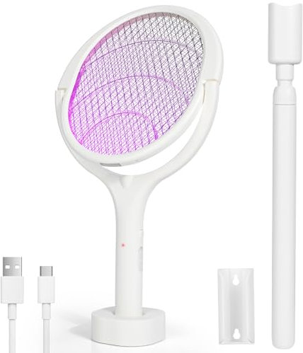 Racchetta Zanzare Elettrica, Diealles Shine 6-In-1 Zanzare Elettrico, Protezione Maglia a 3 Strati, 3500V USB Ricaricabile Lampada Zanzare con Asta Telescopica Estensibile per Casa Giardino Cucina